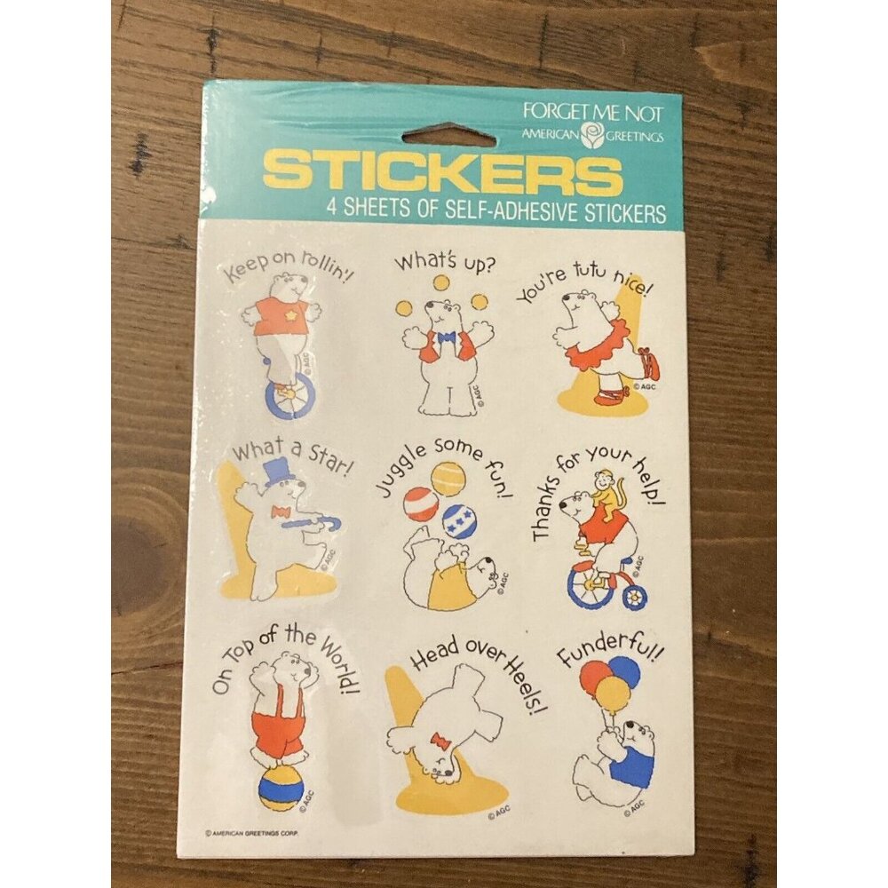 Vintage American Greetings Corp Sticker 4 Sheets - Circus Polar Bear - Rare NIP